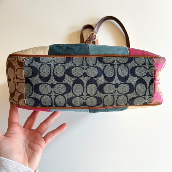 Vintage Y2K Coach Patchwork Pink Blue Leather Signature Print Shoulder Tote Bag - Picture 5 of 12